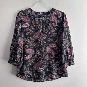 Lucky Brand Black Pink Paisley 3/4 Sleeve Cotton Popover Blouse Womens Medium